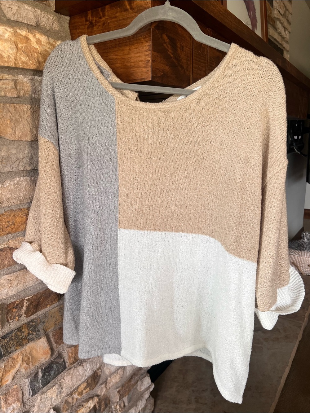 Colorblock Knit Sweater - Beige, Gray & White